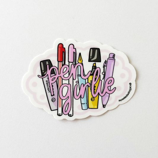 Die-cut sticker with colorful pens and Pen Girly text
