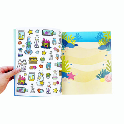 Draw-along sealife sticker book, open spread with sticker sheets on both pages