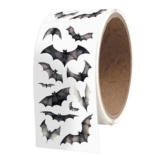 Bats stickers roll with black bat silhouettes on white backing, 50 modules