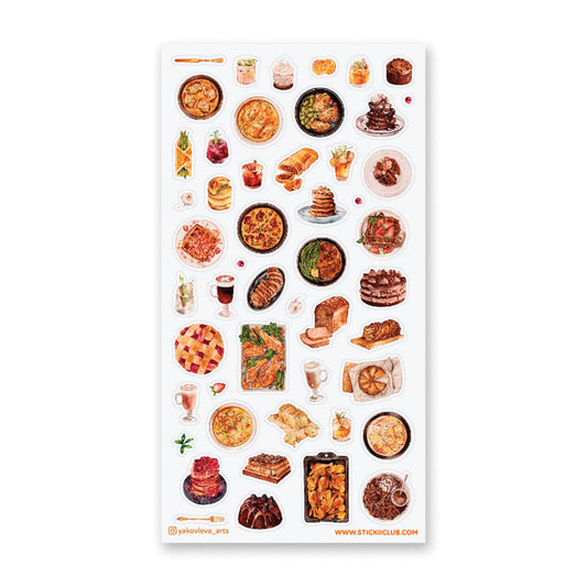 Food buffet sticker sheet with pizza, desserts, and drink stickers