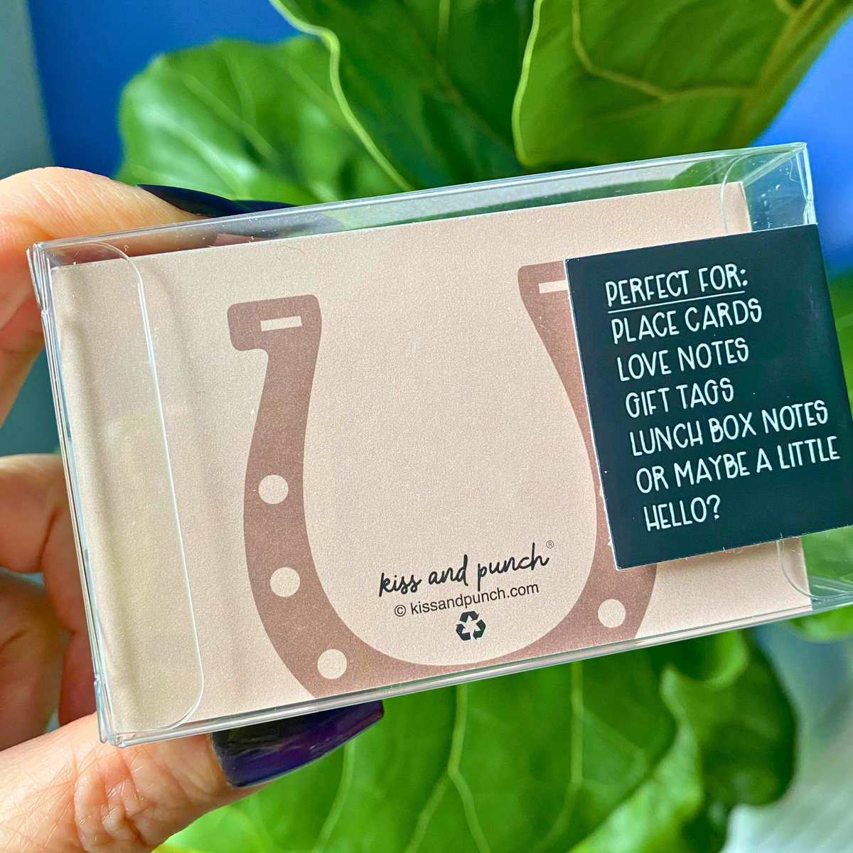 Cowgirl boot mini notecard set in clear case, with a horseshoe design on the cards