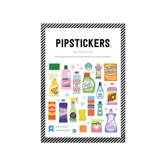 Cleaning product sticker sheet with colorful bottle and label designs, by Pipsticks.