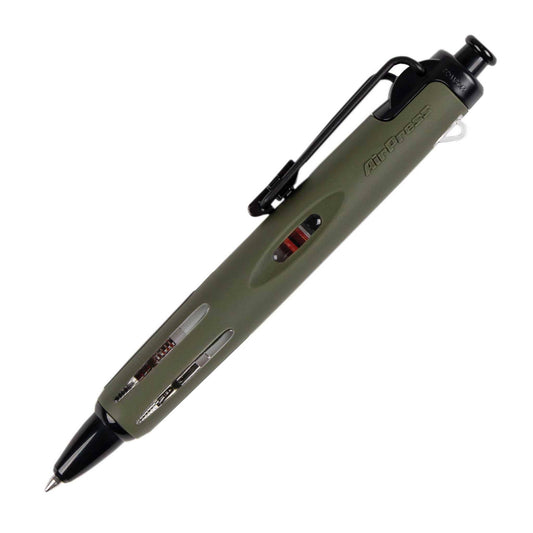 Khaki ballpoint pen with black flexible wire clip and rubber grip
