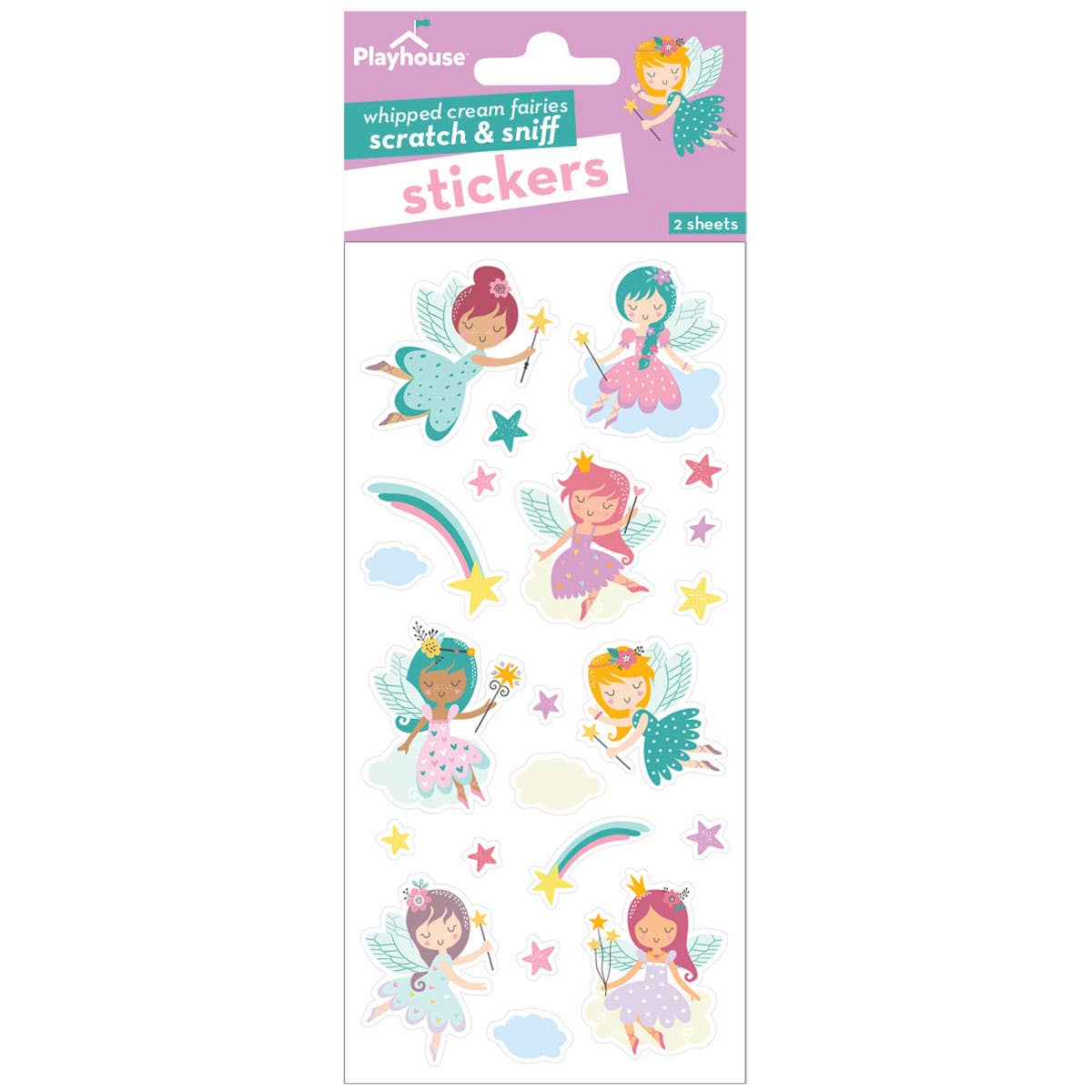 Scratch-and-sniff fairy sticker set with pastel fairies, rainbows, stars, and clouds (2 sheets).