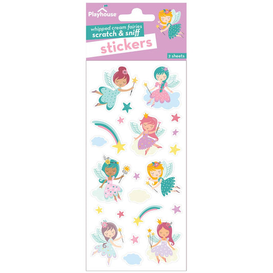 Scratch-and-sniff fairy sticker set with pastel fairies, rainbows, stars, and clouds (2 sheets).