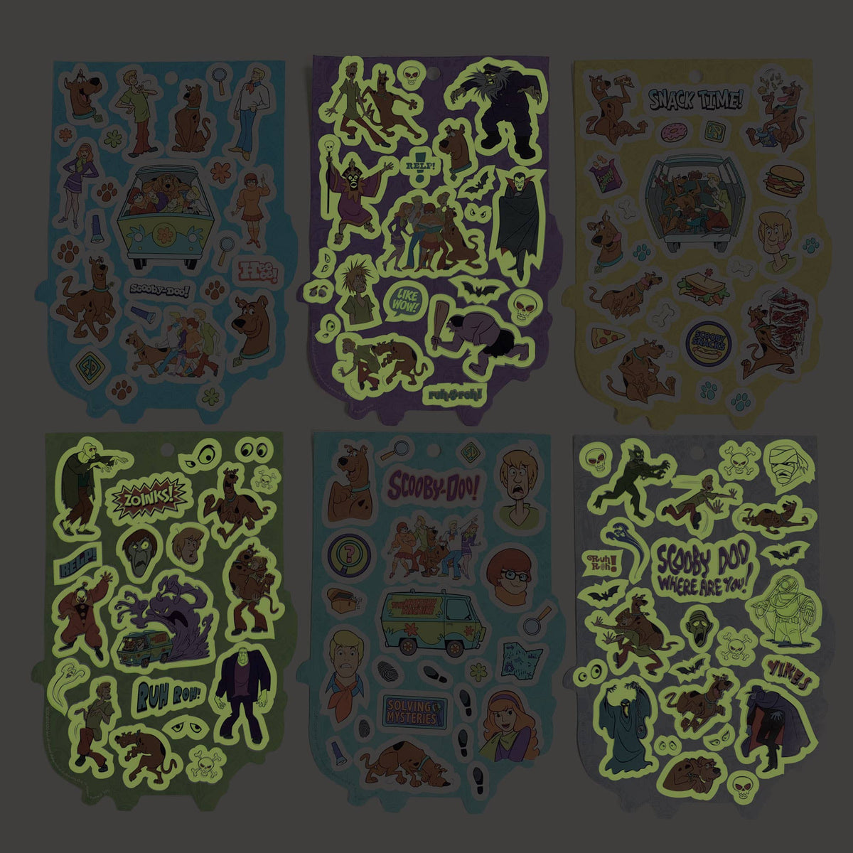 Glow-in-dark sticker sheets with Scooby-Doo and friends designs in green