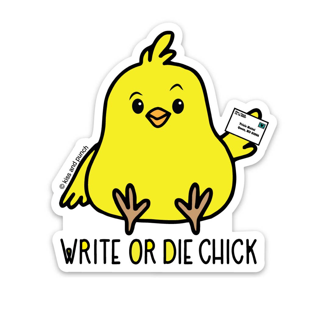 Yellow chick vinyl sticker holding a tiny book, with “Write or Die Chick” lettering