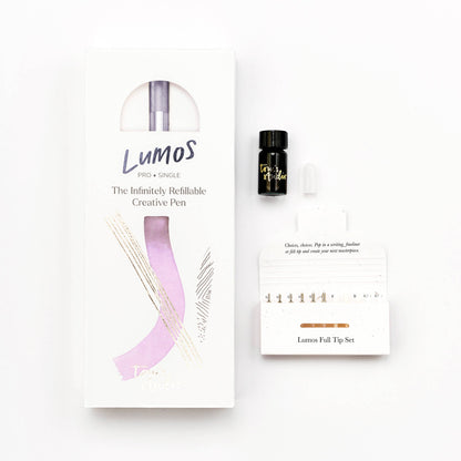 Refillable multi-tip pen set with lilac single pen, box, and ink refill vial