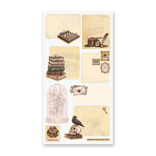 Beige sticker label sheet with illustrated raven-themed labels and badges