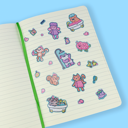 Bath animal glitter stickers on sheet: cat, bear, duck, and tub designs