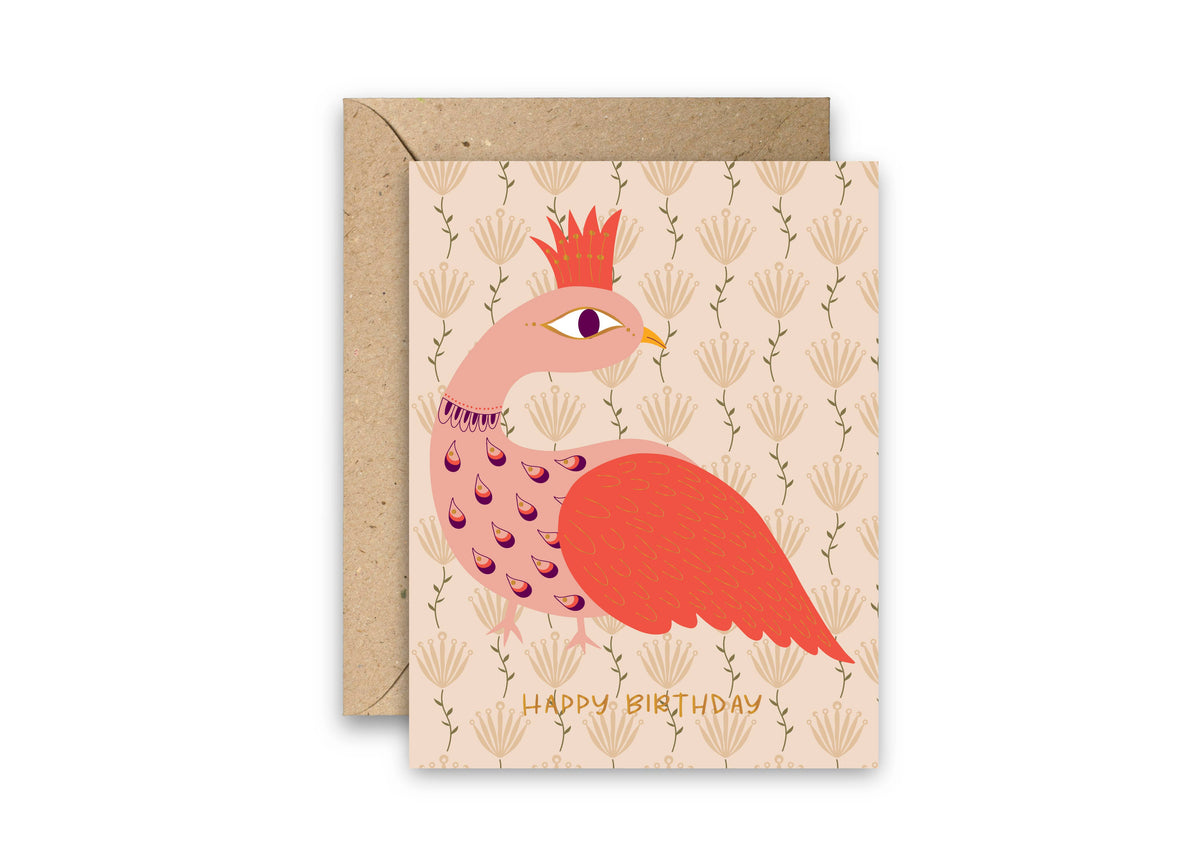 Peacock birthday card with gold foil accents and a patterned bird illustration