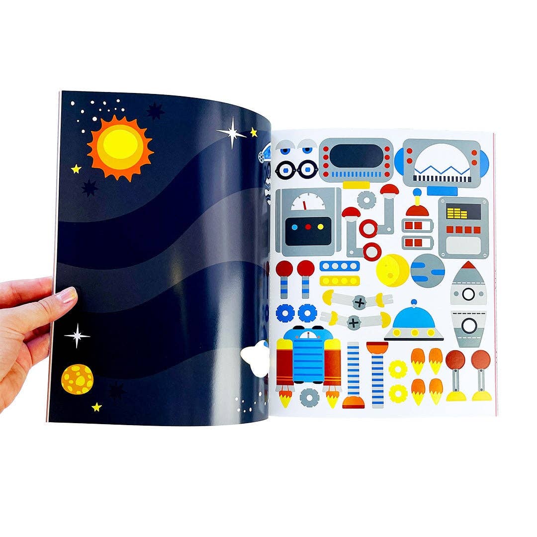 Sticker book spread with space-themed dark blue left page and robot sticker set on right
