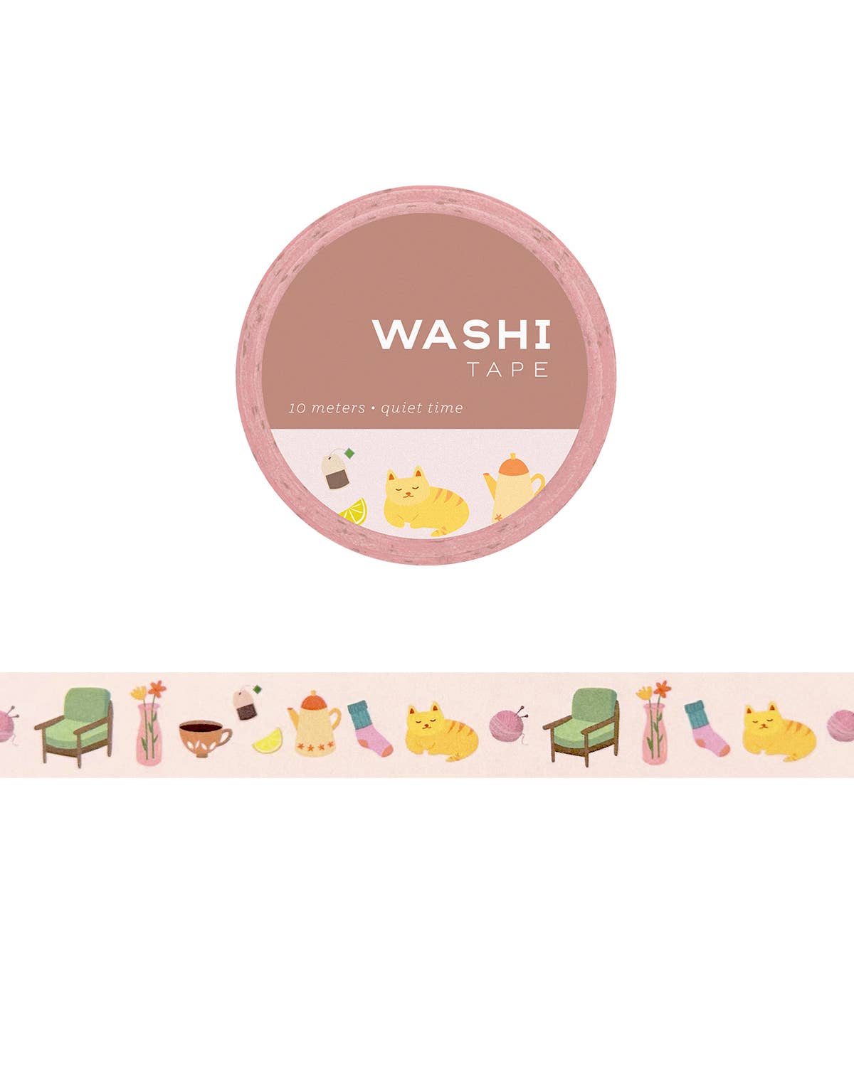 Washi tape roll with pink border and cute quiet time animal print