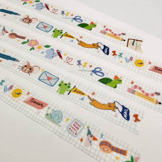 Stationery pals washi tape, 15mm wide, lined paper with animal icons and doodles