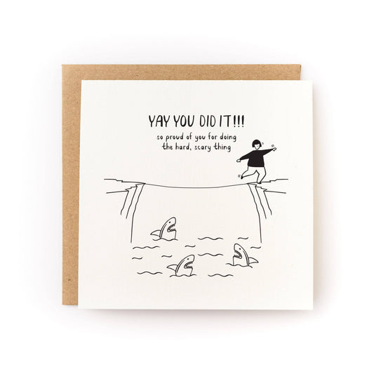 Encouragement greeting card with letterpress “YAY YOU DID IT!!!!” and runner illustration