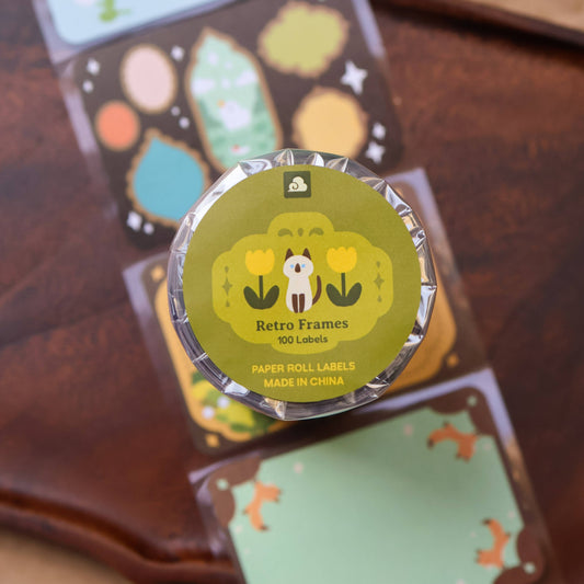 Paper roll label roll with green Retro Frames design and white rabbit icon