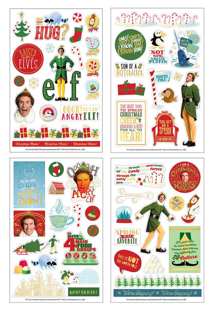 Elf sticker pack sheet set featuring elves, holiday gifts, snowflake and candy icons