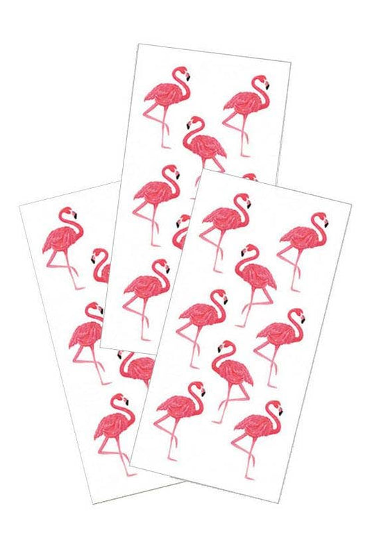 Set of flamingo sticker sheets with repeating red flamingo silhouettes on white backgrounds