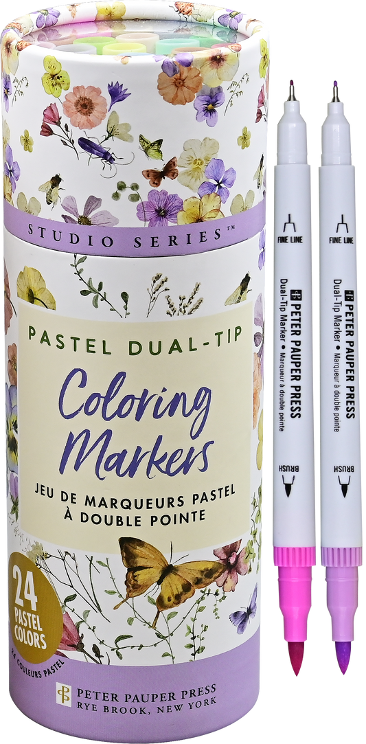 Pastel dual-tip markers set in white barrels with colored tips, shown in cylindrical pack