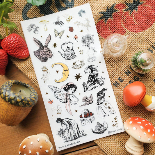 Sticker sheet featuring rabbits, dandelions, teapots, butterflies, and crescent moon designs