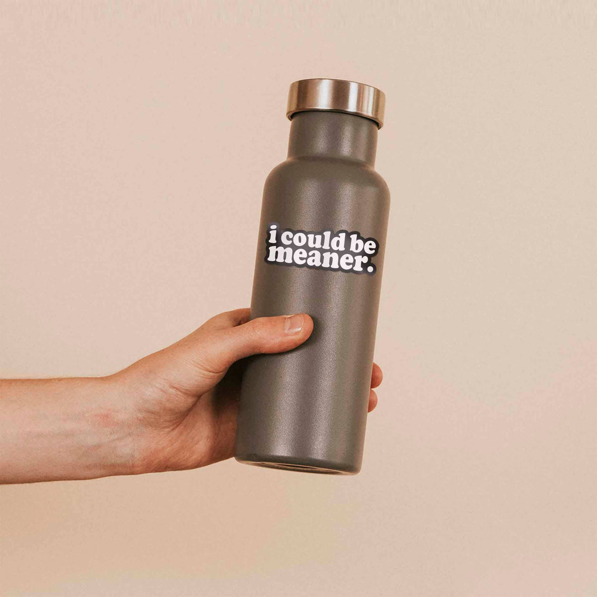 Funny quote sticker reading "i could be meaner." on a gray tumbler