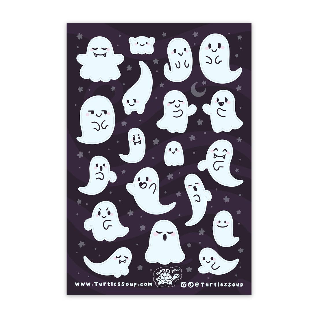Cute ghost character sticker sheet with multiple smiling white ghost designs