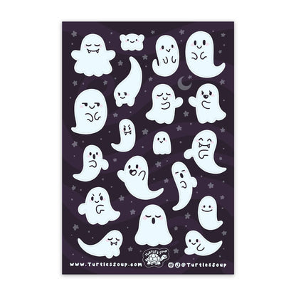 Cute ghost character sticker sheet with multiple smiling white ghost designs