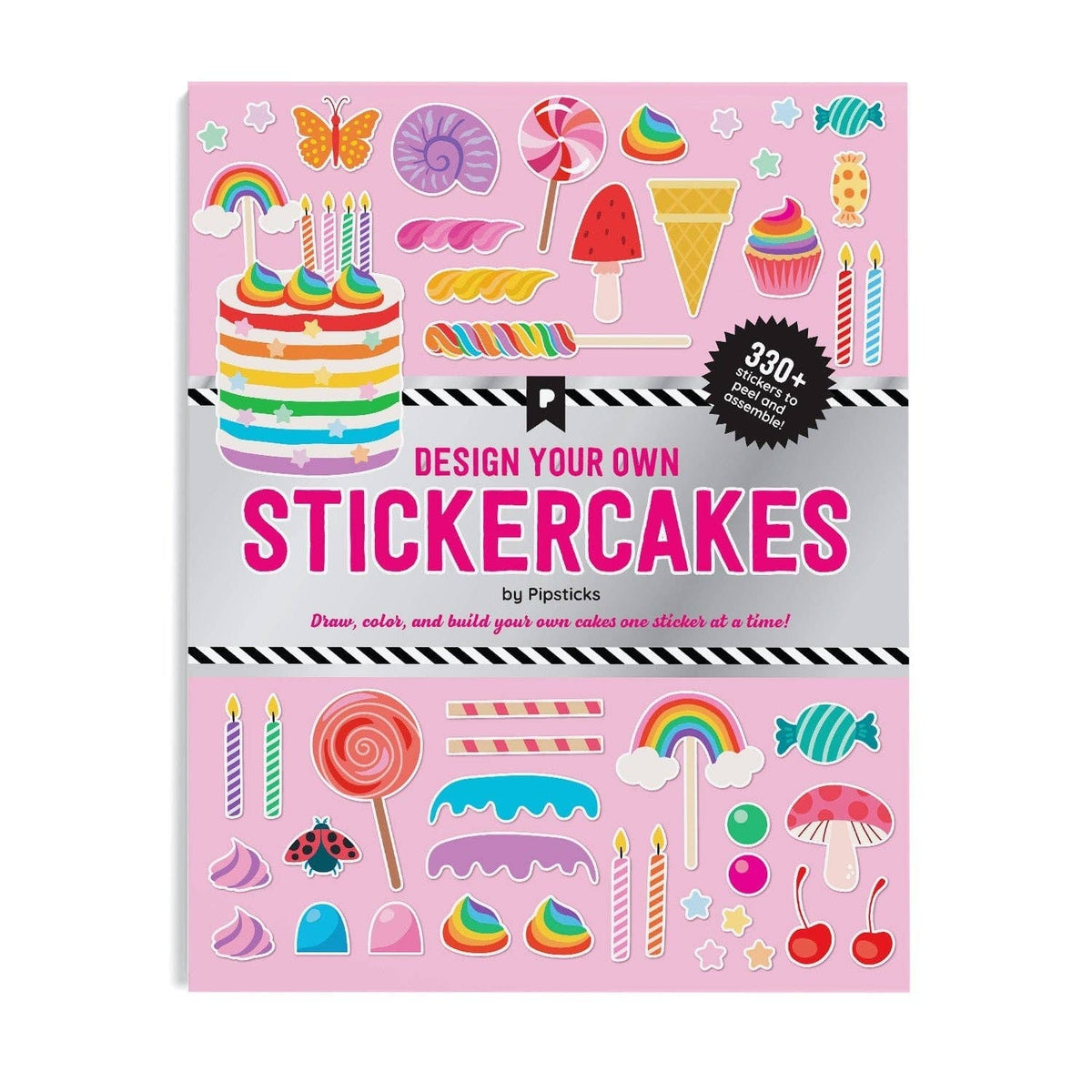 Stickercakes sticker book with pink dessert sticker sheet; 330+ pieces shown on cover