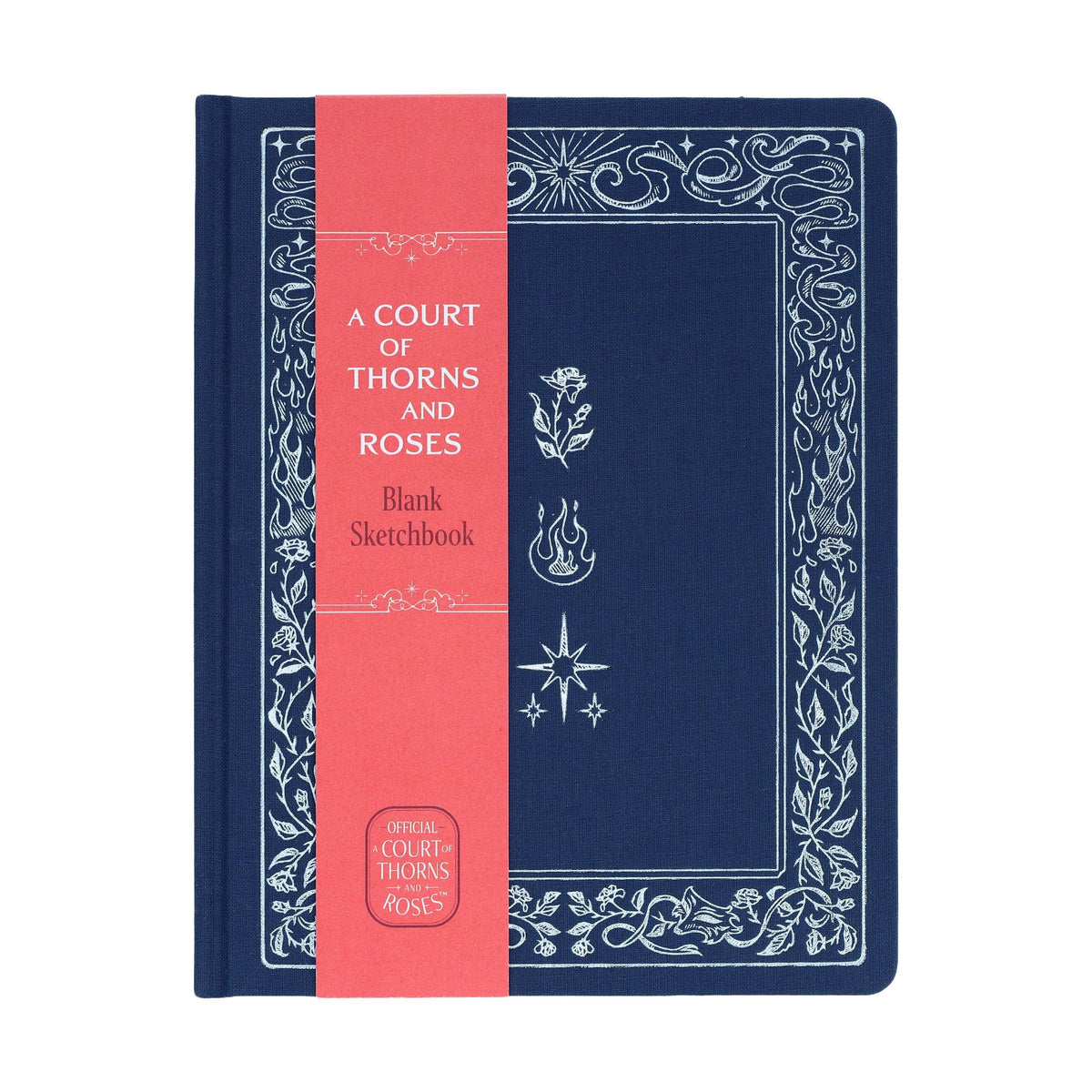 Navy blank sketchbook cover with decorative white border and magic icon designs