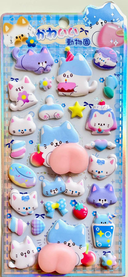 Blue animal squishy butt sticker set with white cats, rabbits, and star accents