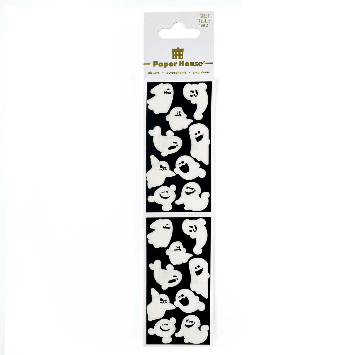 Ghost stickers set: two sheets with white cute ghost faces on black backing