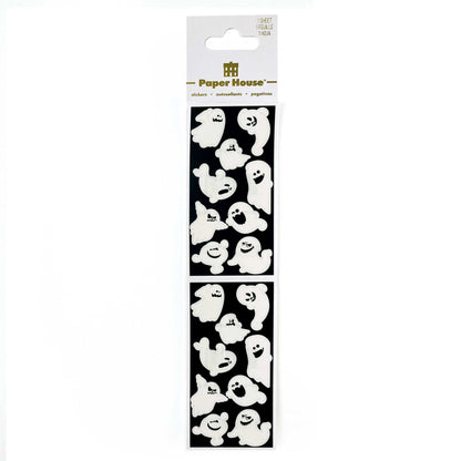 Ghost stickers set: two sheets with white cute ghost faces on black backing