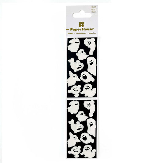 Ghost stickers set: two sheets with white cute ghost faces on black backing