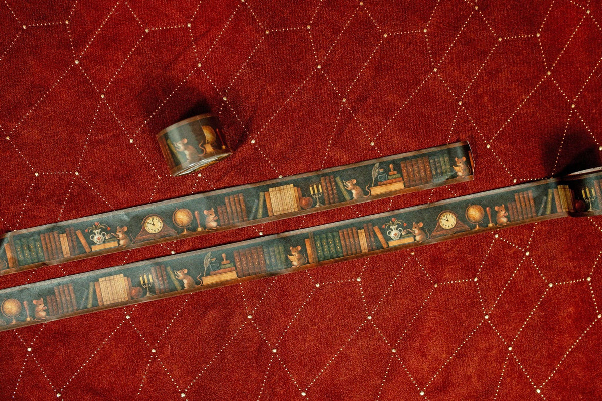 Vintage bookshelf washi tape roll with patterned strip