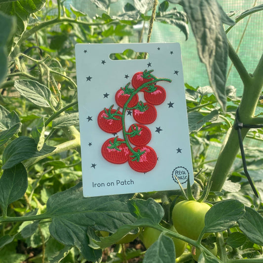 Iron-on embroidered tomato patch card with red tomato cluster and green stems