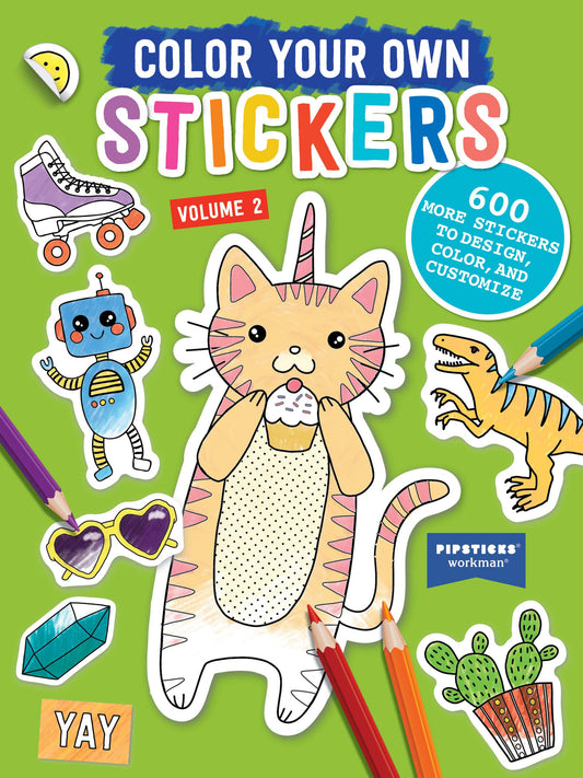 Sticker coloring book cover with cartoon animals and Volume 2 sticker designs