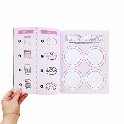 Food sticker book page with coffee and donut outlines and four empty circle guides
