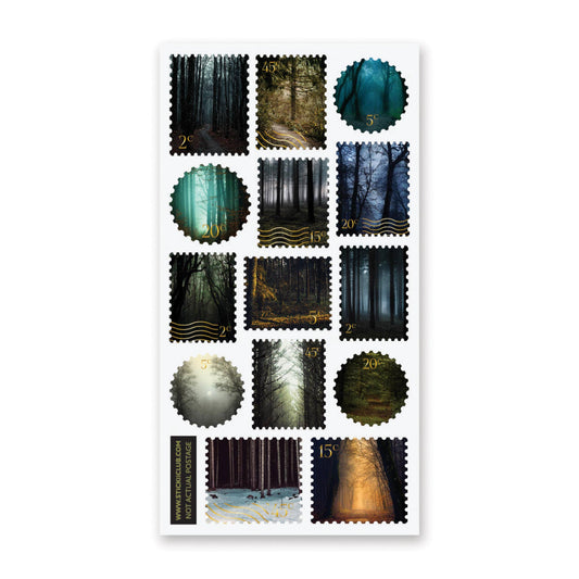 Sheet of forest-themed postage-stamp stickers in dark greens and browns