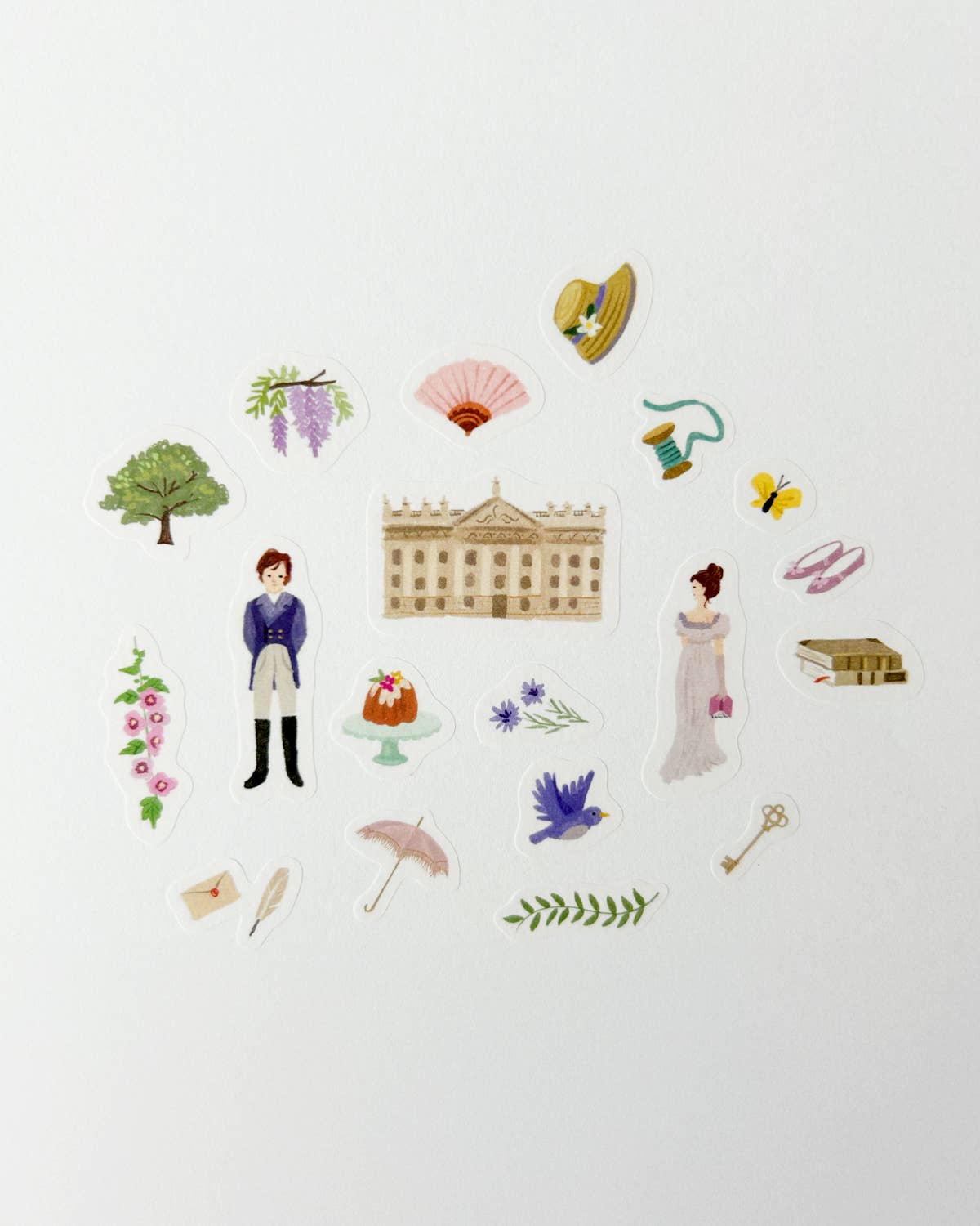 Loose washi stickers sheet with people, mansion, books, flowers, and birds