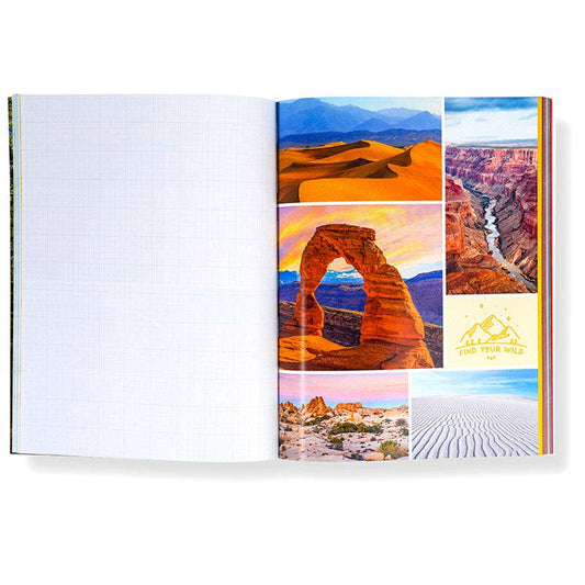Open national parks collage book with blank left page and photo collage on right