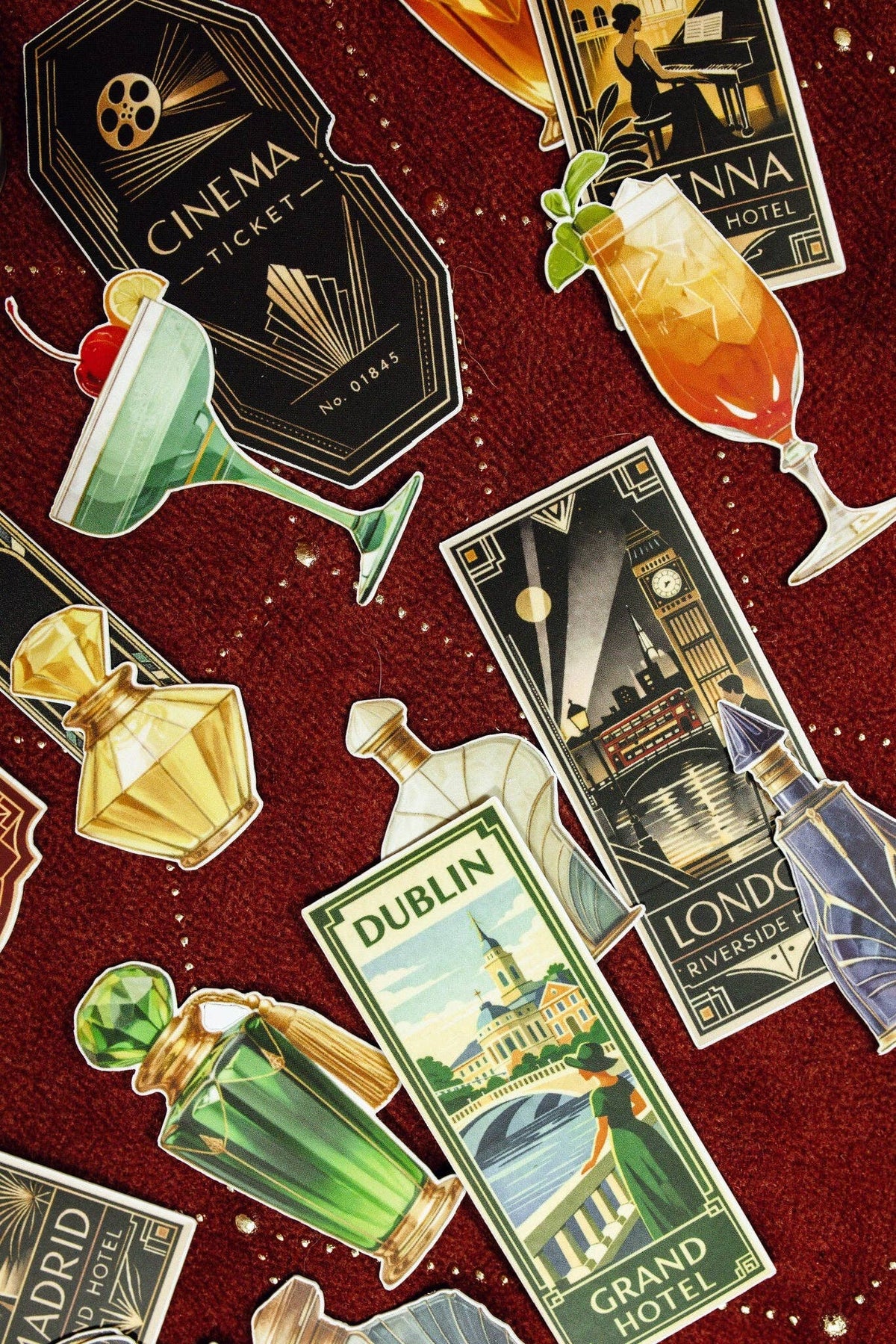 Art deco vintage stickers with cinema, dinner, rain, and perfume bottle icons