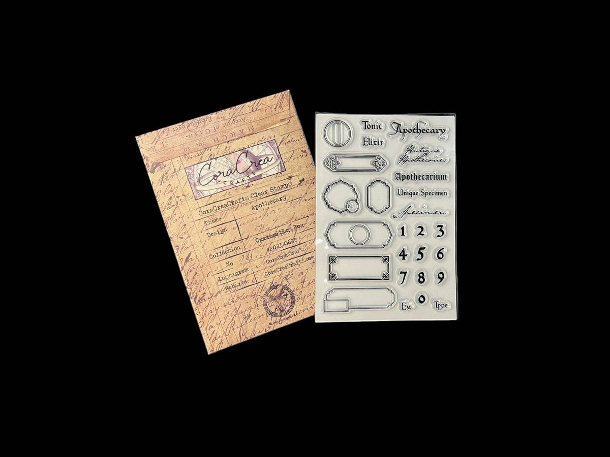 Apothecary label clear stamp set with script label and potion bottle outlines