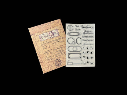 Apothecary label clear stamp set with script label and potion bottle outlines