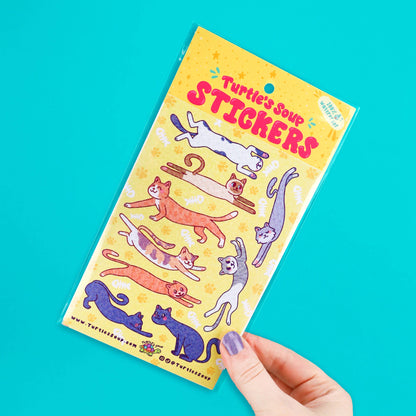 Hand holding cat glitter sticker sheet with long cats and colorful lettering
