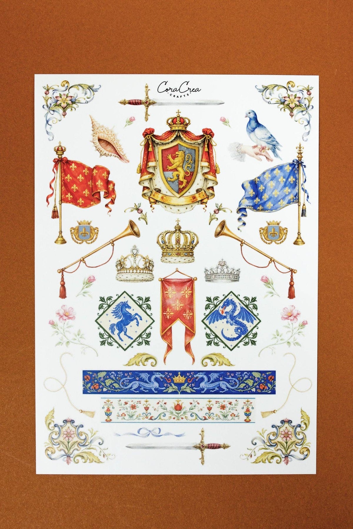 Medieval fable sticker sheet with central shield crest, crowns, birds, and ornate border designs.