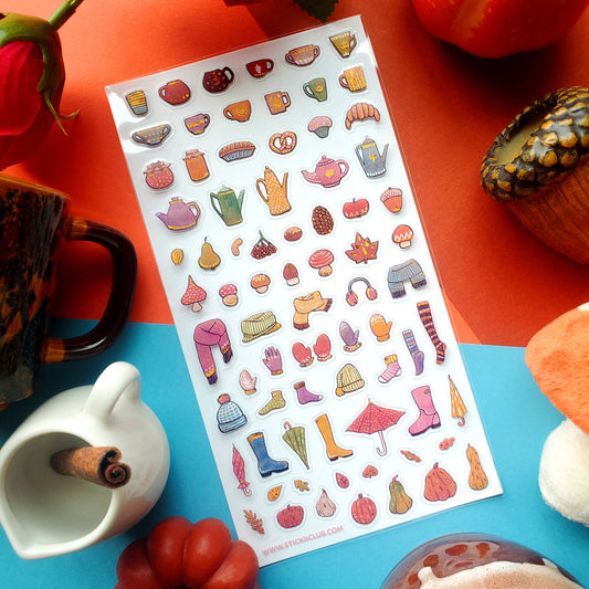 Autumn sticker sheet showing teacups, boots, candy corn, and pumpkin icons