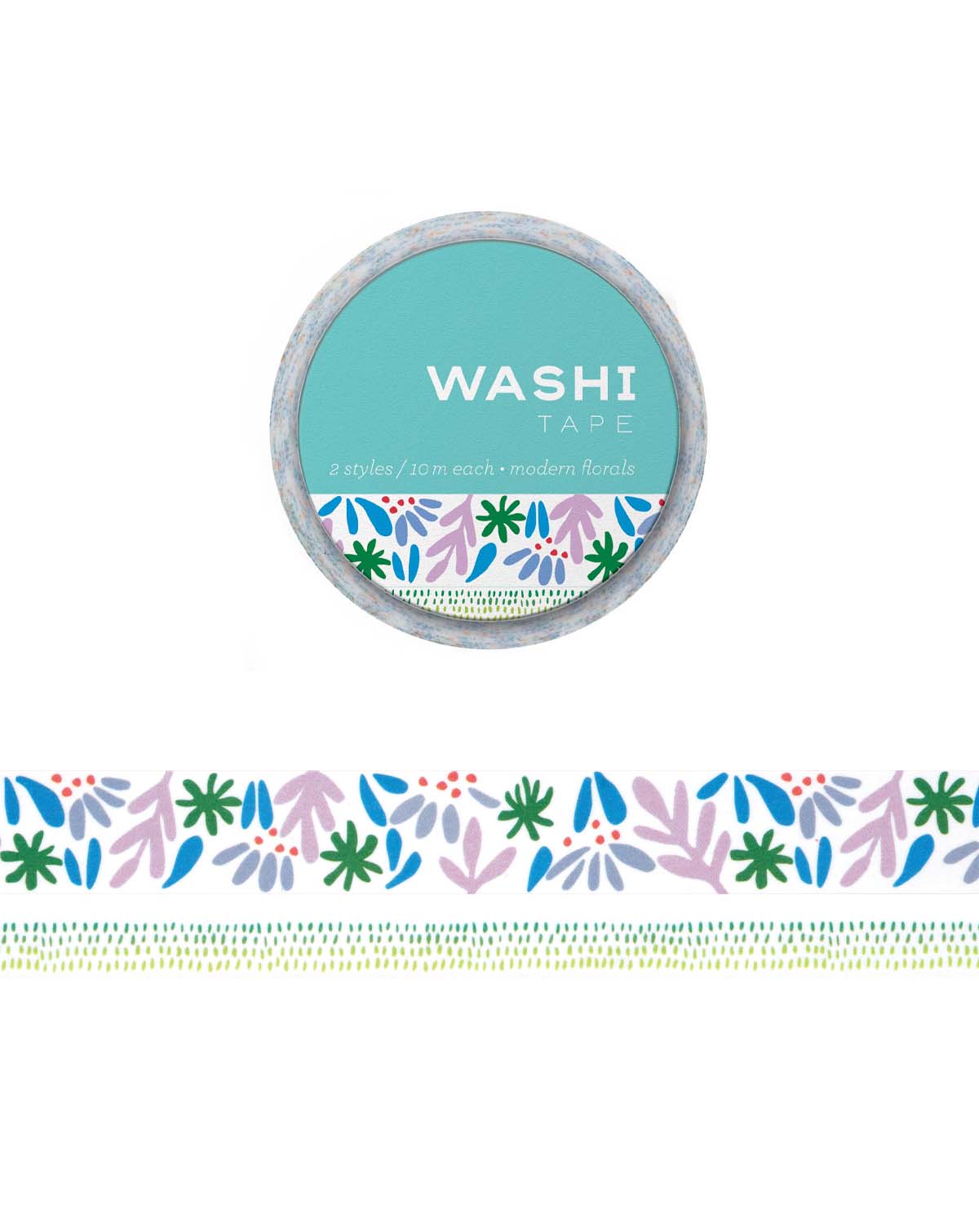 Floral washi tape roll set (2) with colorful botanical pattern, blue and green