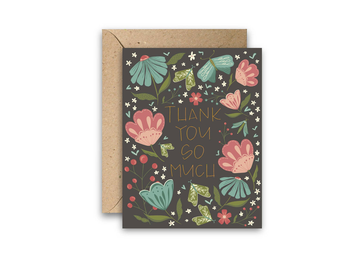 Floral thank-you greeting card with gold foil lettering and kraft envelope