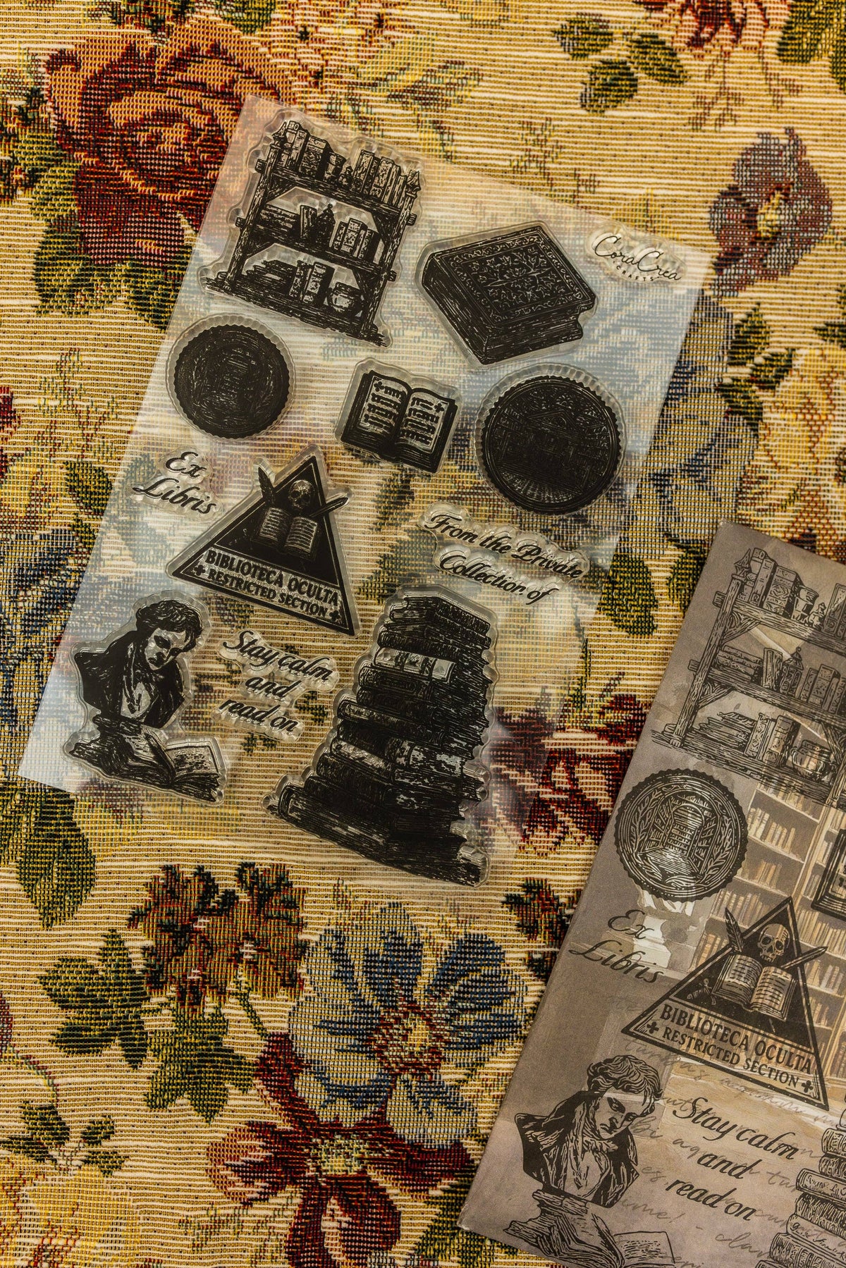 Clear stamp sheet with city buildings, portraits, clocks, and circular seal stamps