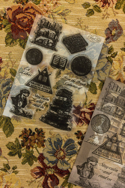 Clear stamp sheet with city buildings, portraits, clocks, and circular seal stamps